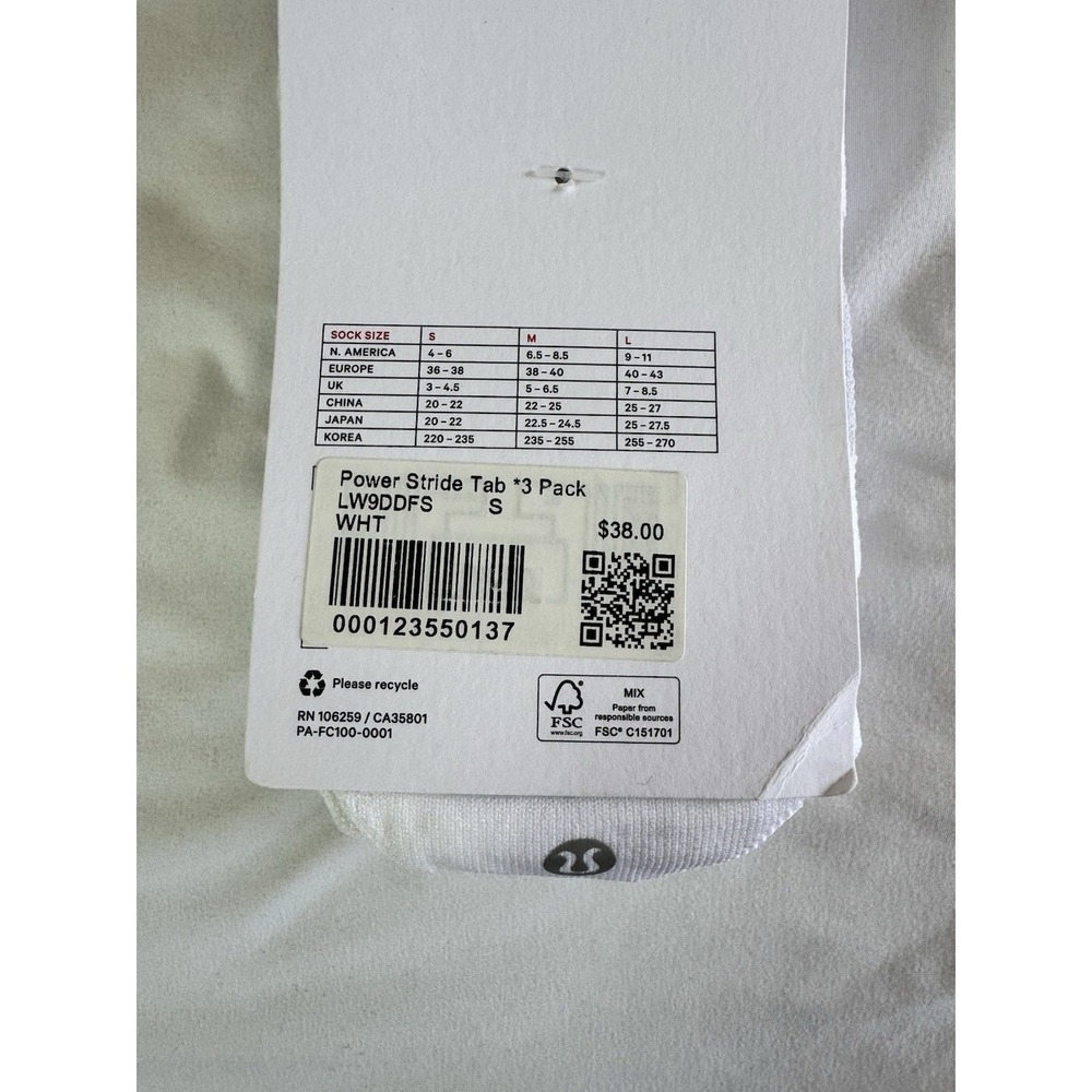 NWT Small Lululemon Power Stride Tab Socks *3 Pack WHT White $38 Low Cut - Picture 4 of 6